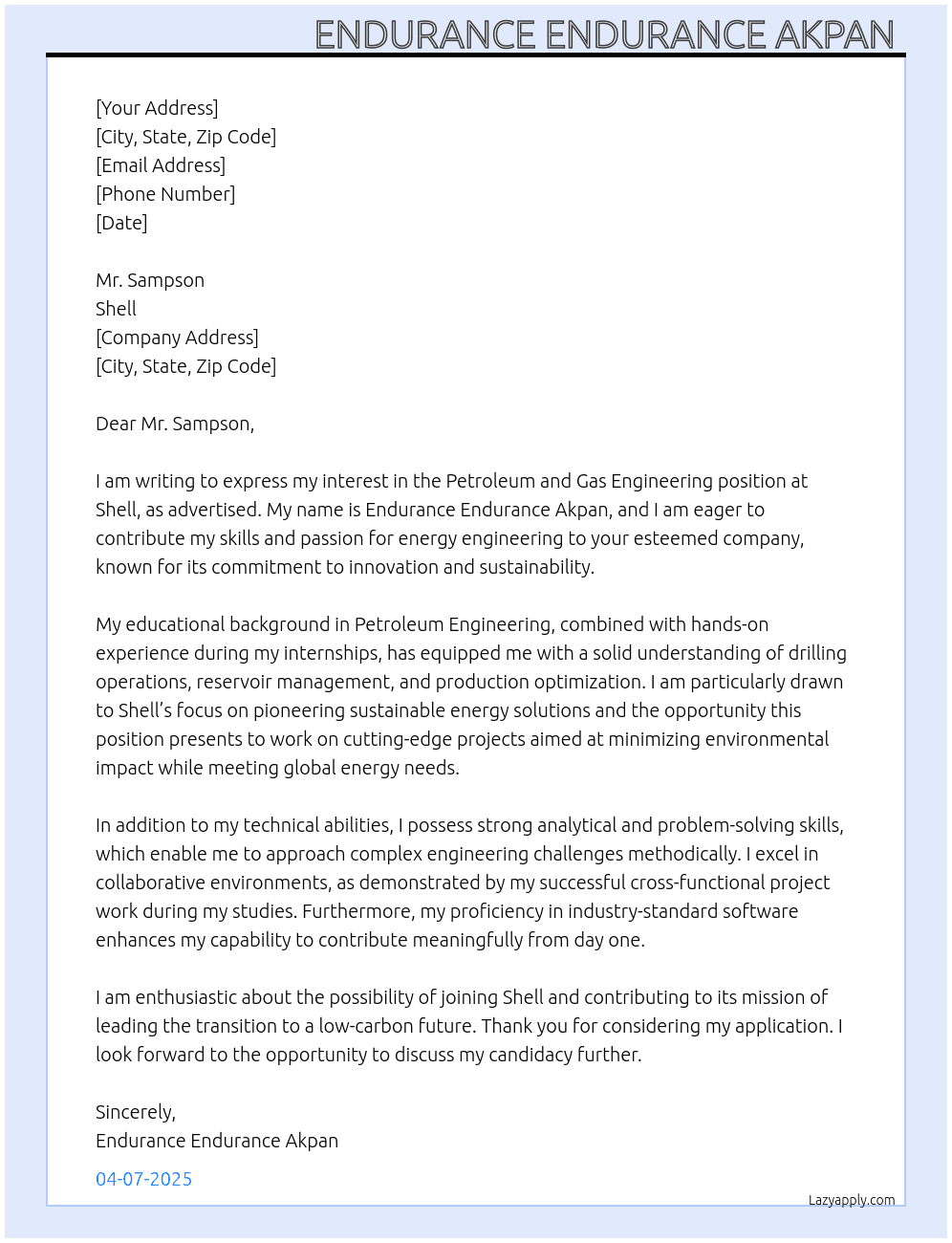 Petroleum and Gas Engineering  At Shell Cover Letter