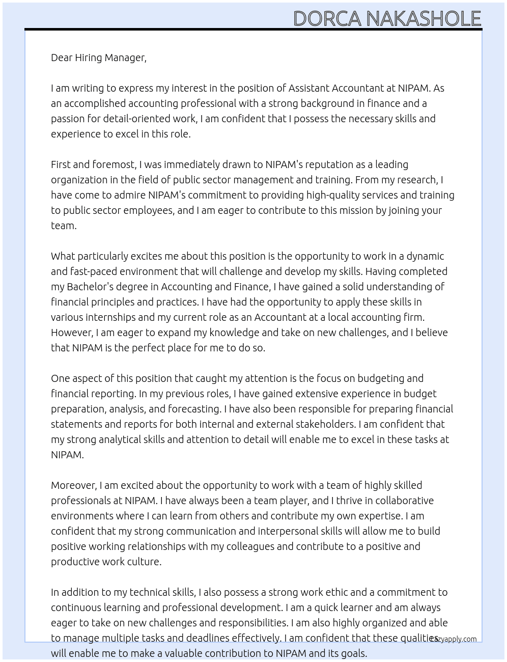 Assistant Accountant At NIPAM Cover Letter