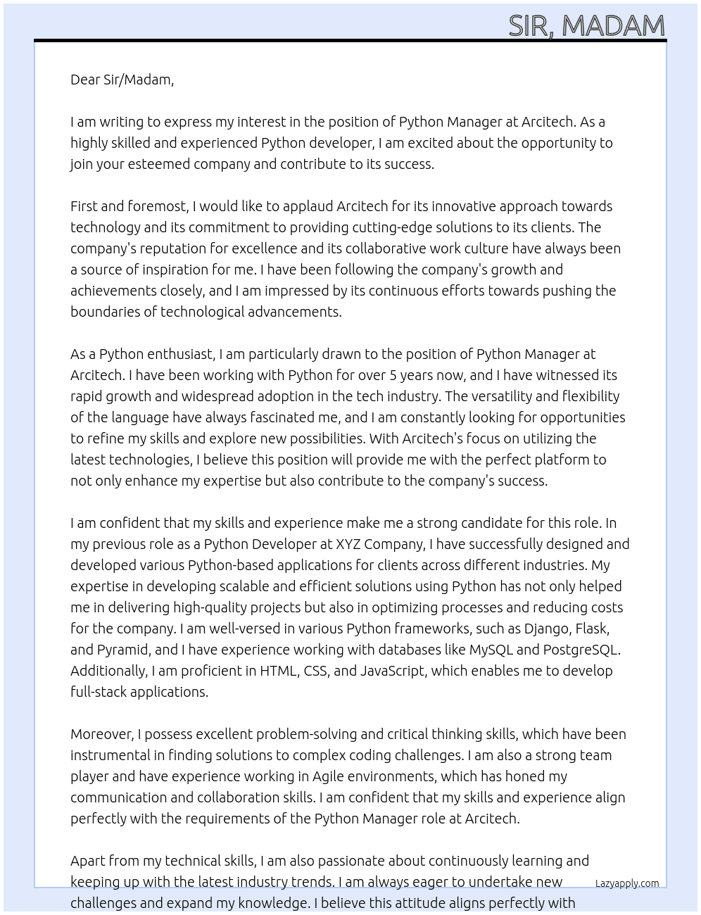 python At Arcitech Cover Letter