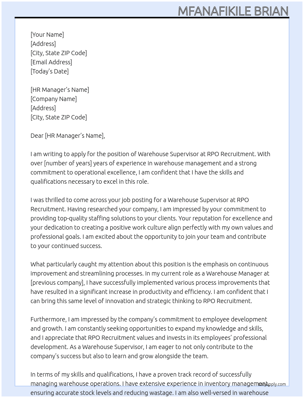 Warehouse Supervisor At RPO Recruitment  Cover Letter