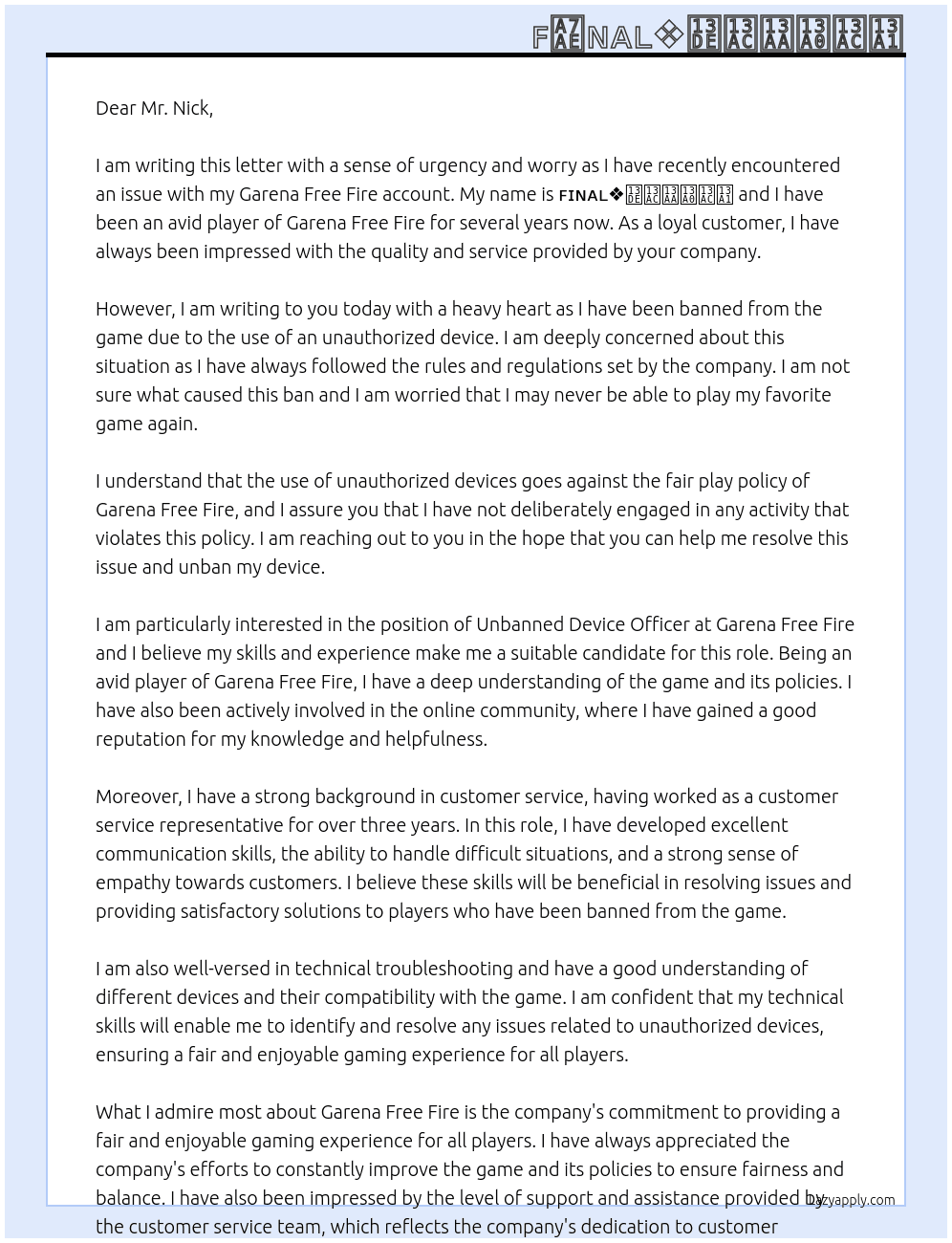 Unbanned device  At Garena free fire  Cover Letter