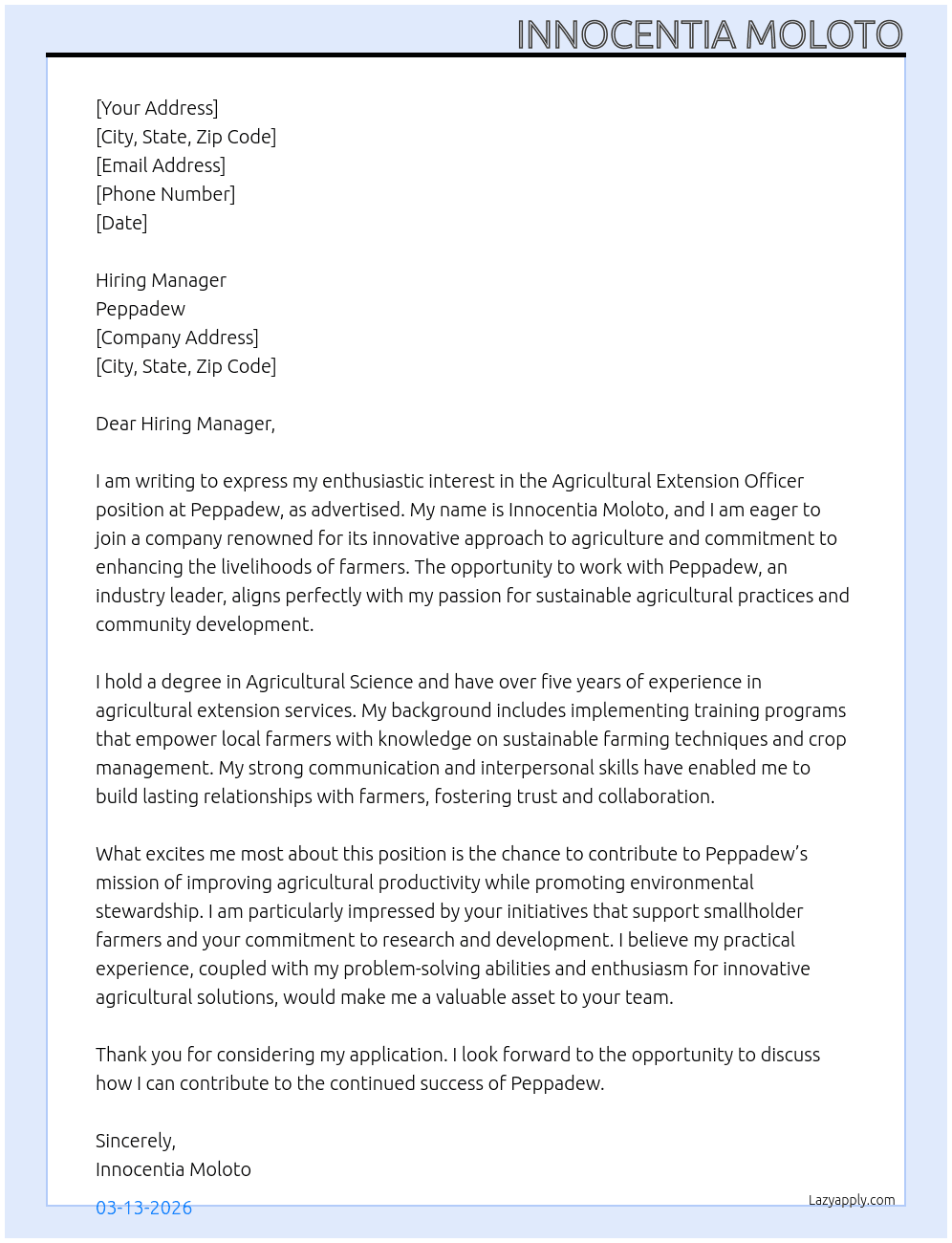 Agricultural Extension Officer  At Peppadew Cover Letter