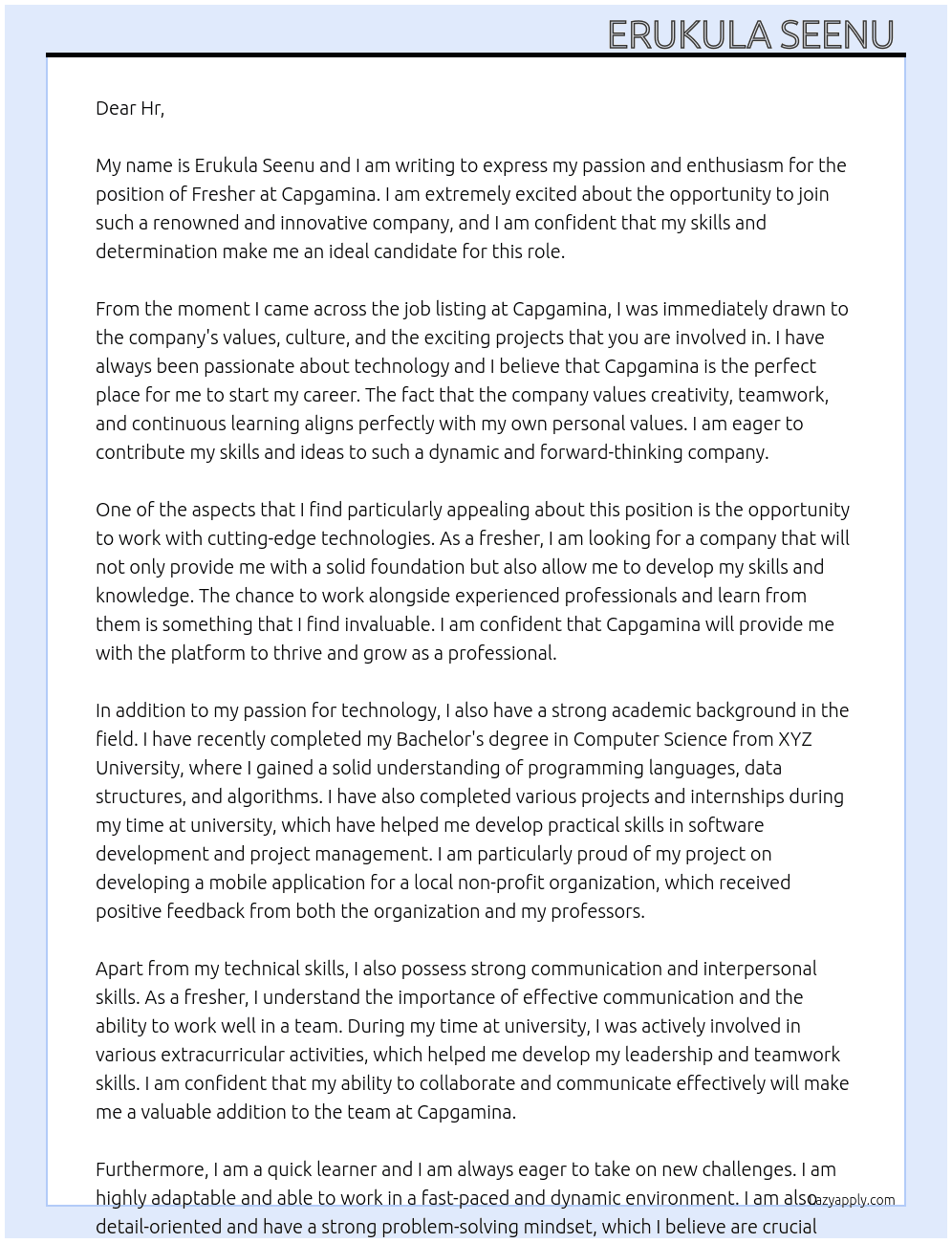 Fresher At Capgamina Cover Letter