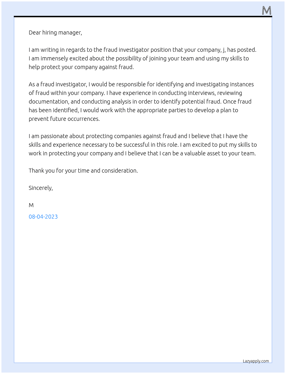 Fraud investigator At j Cover Letter