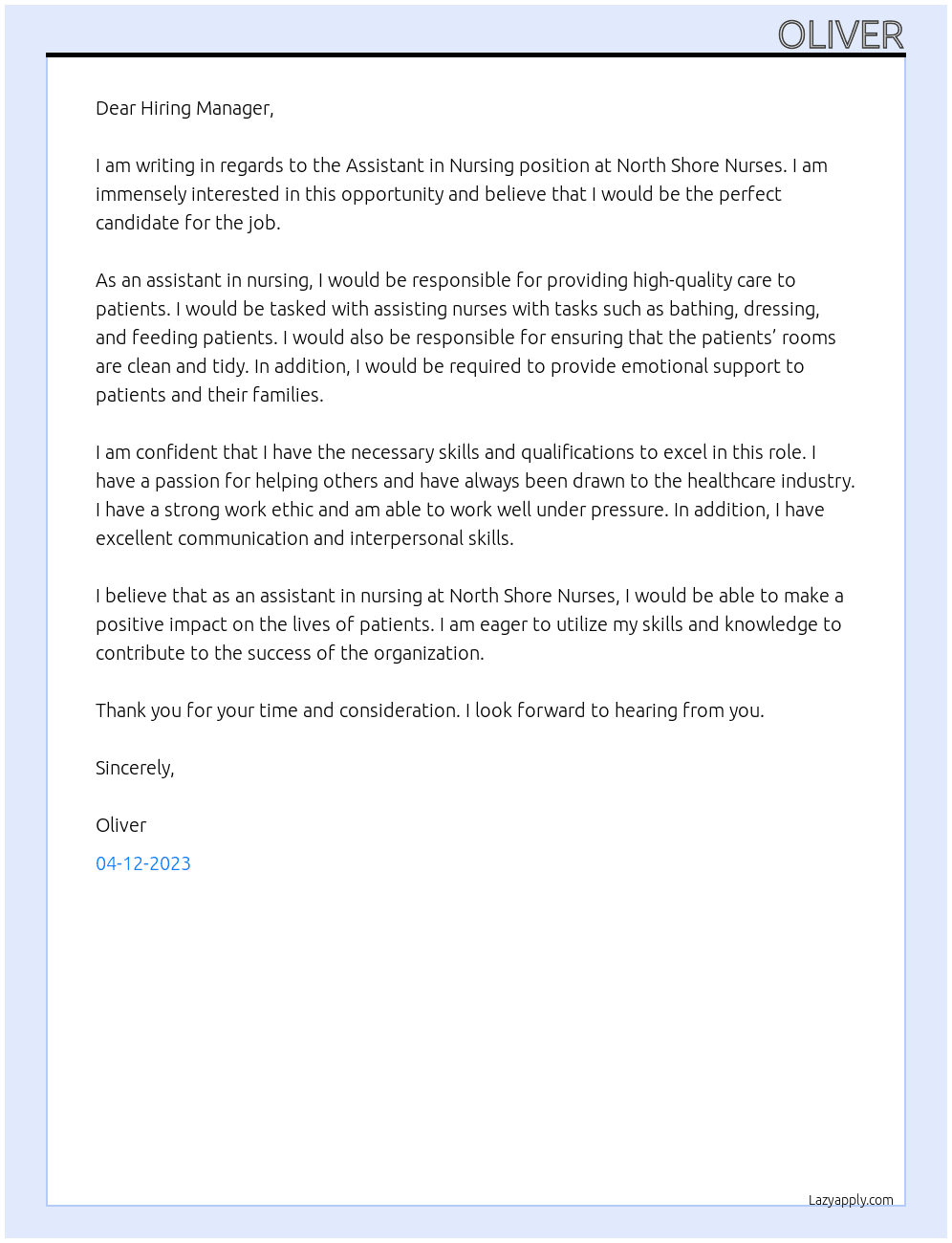 Assistant in Nursing At North Shore Nurses Cover Letter