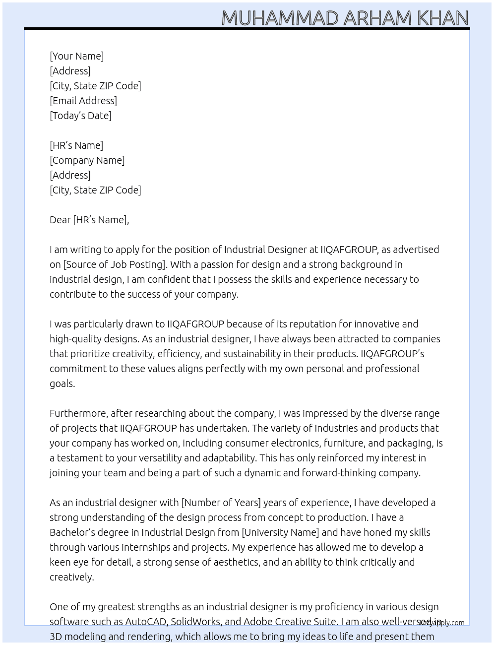 Industrial Designer At IIQAFGROUP Cover Letter