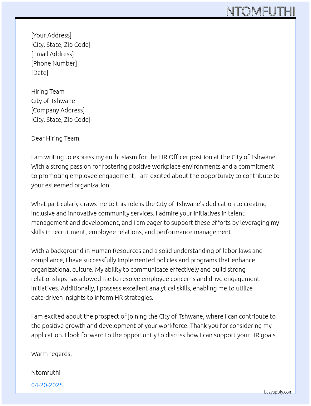 HR Officer At City of Tshwane Cover Letter