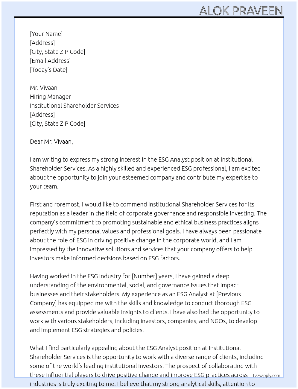 ESG Analyst At Institutional Shareholder Services Cover Letter