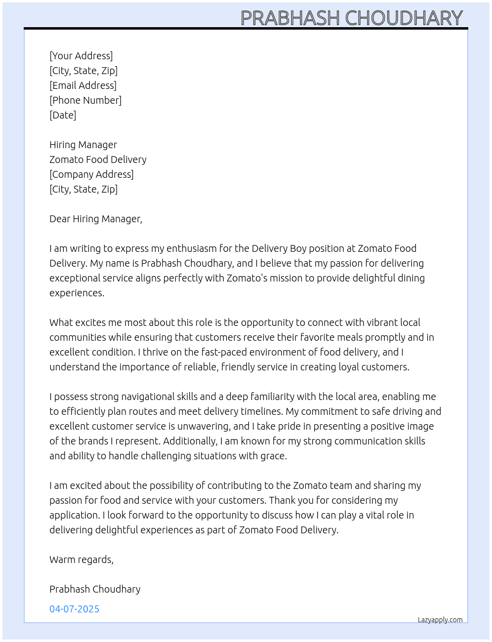 Cover letter for zomato - LazyApply