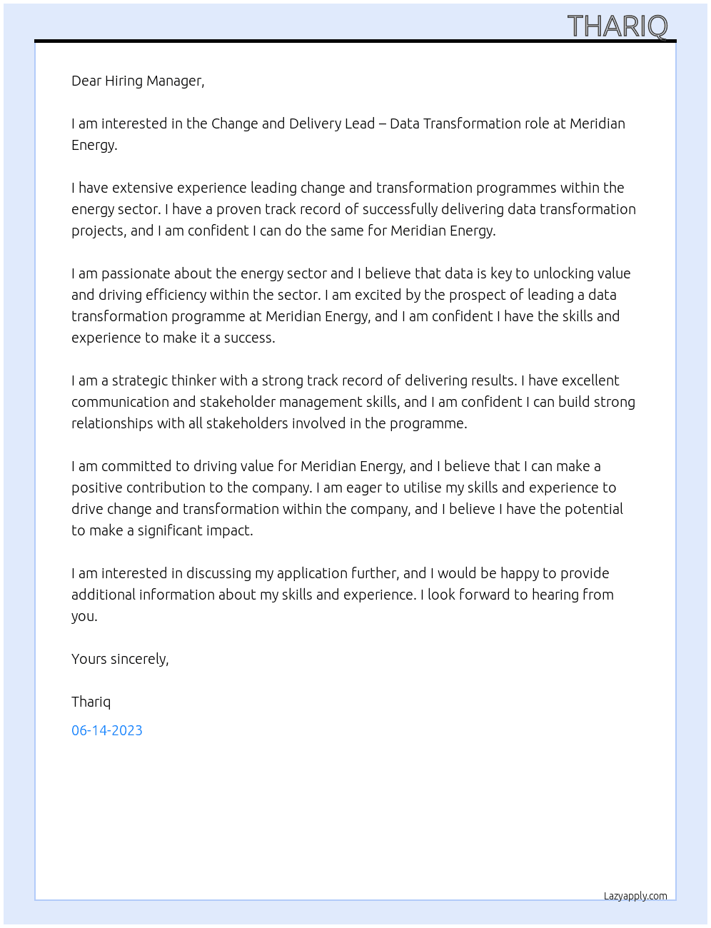 Change and Delivery Lead – Data Transformation At Meridian Energy  Cover Letter