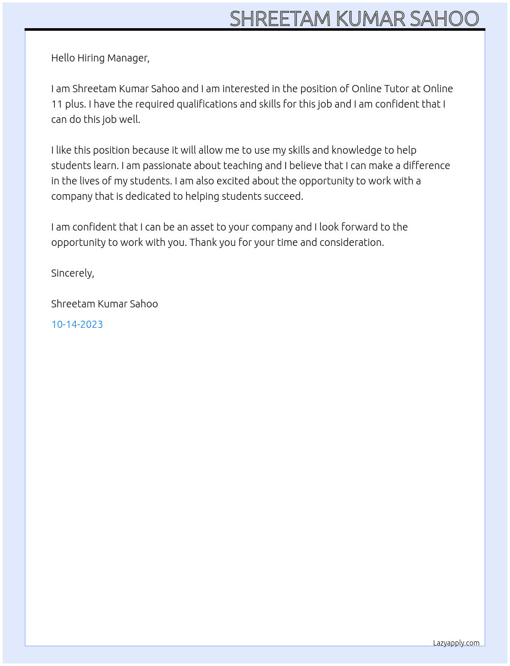 Online Tutor  At Online 11 plus Cover Letter