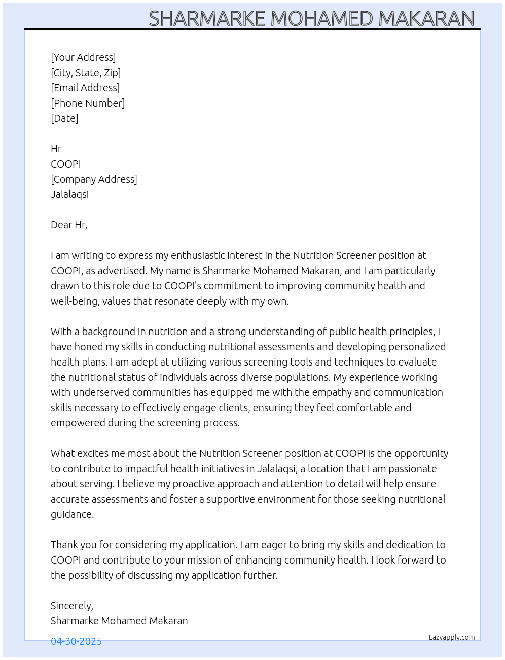 nutrition screener At COOPI  Cover Letter