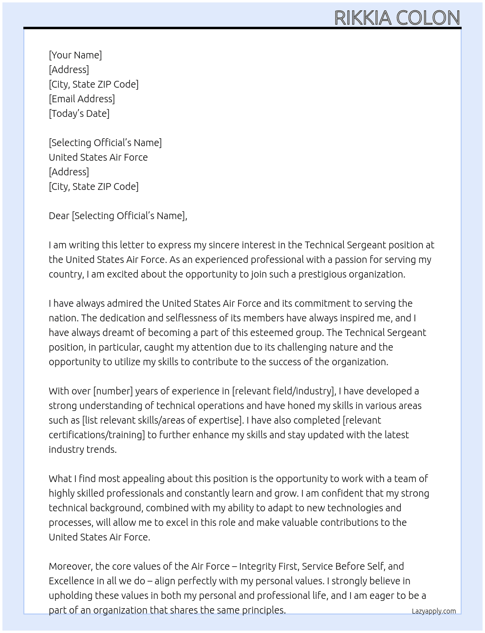 Technical Sergeant At United States Air Force Cover Letter