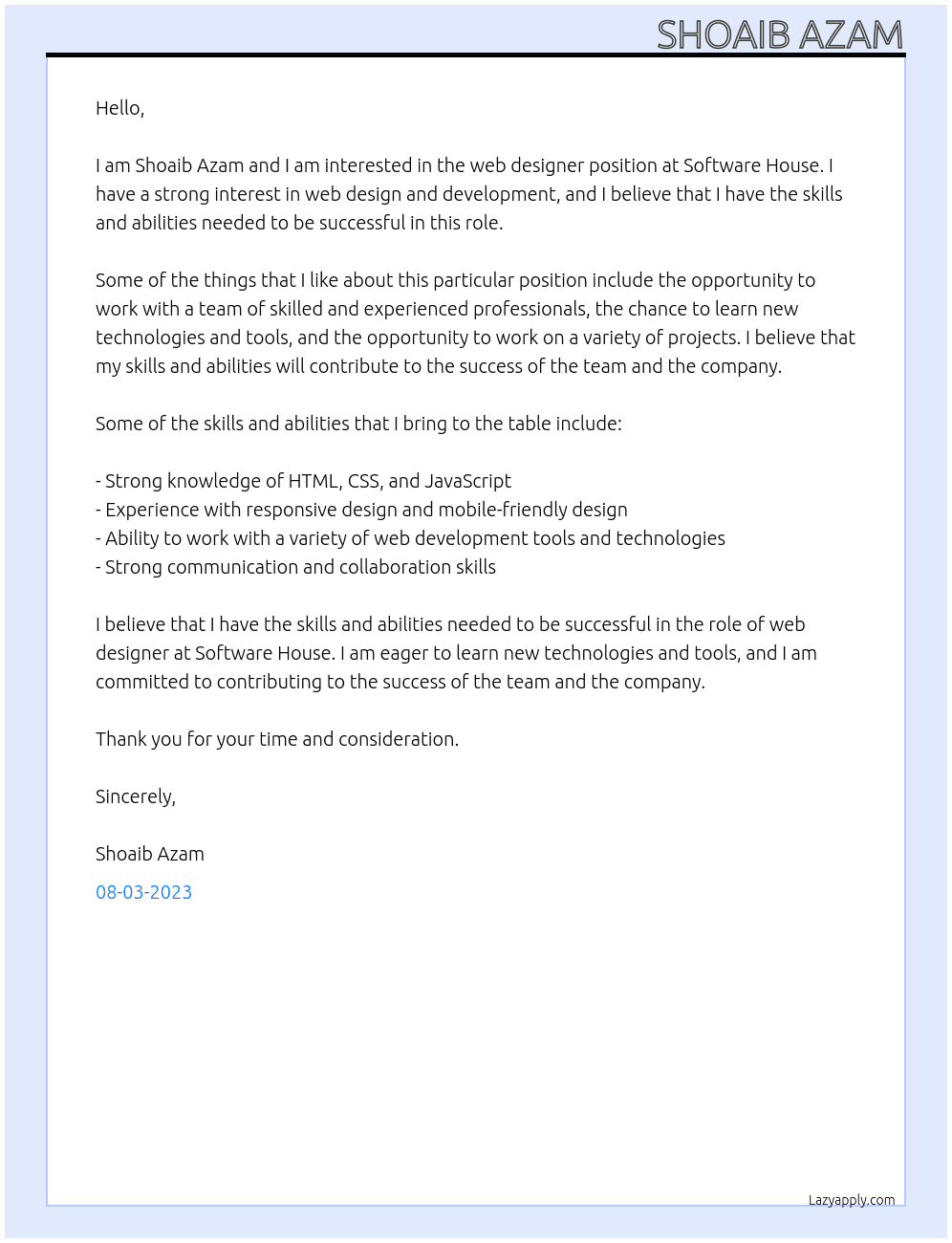 web designer At Software  House Cover Letter