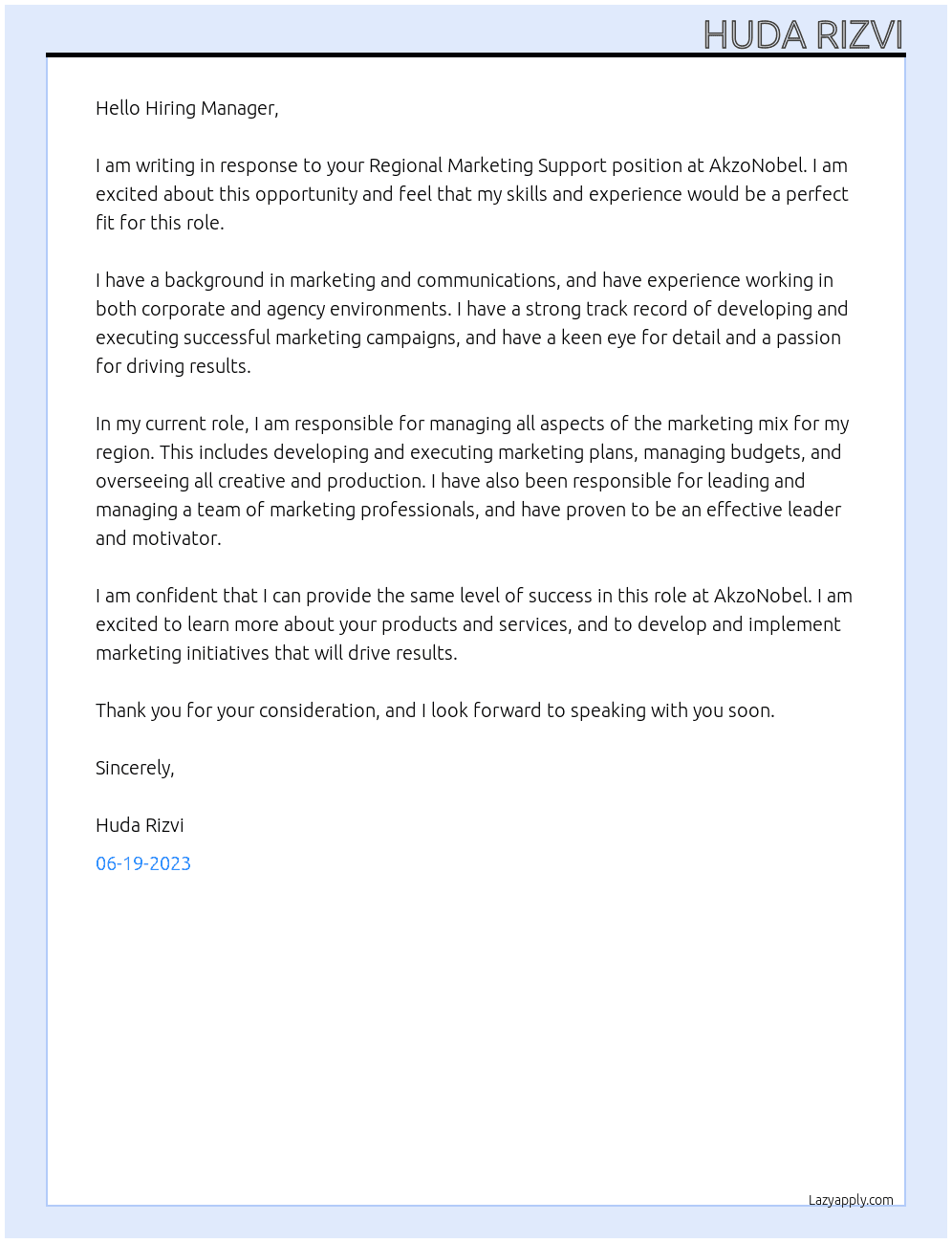 Regional Marketing Support At AkzoNobel Cover Letter