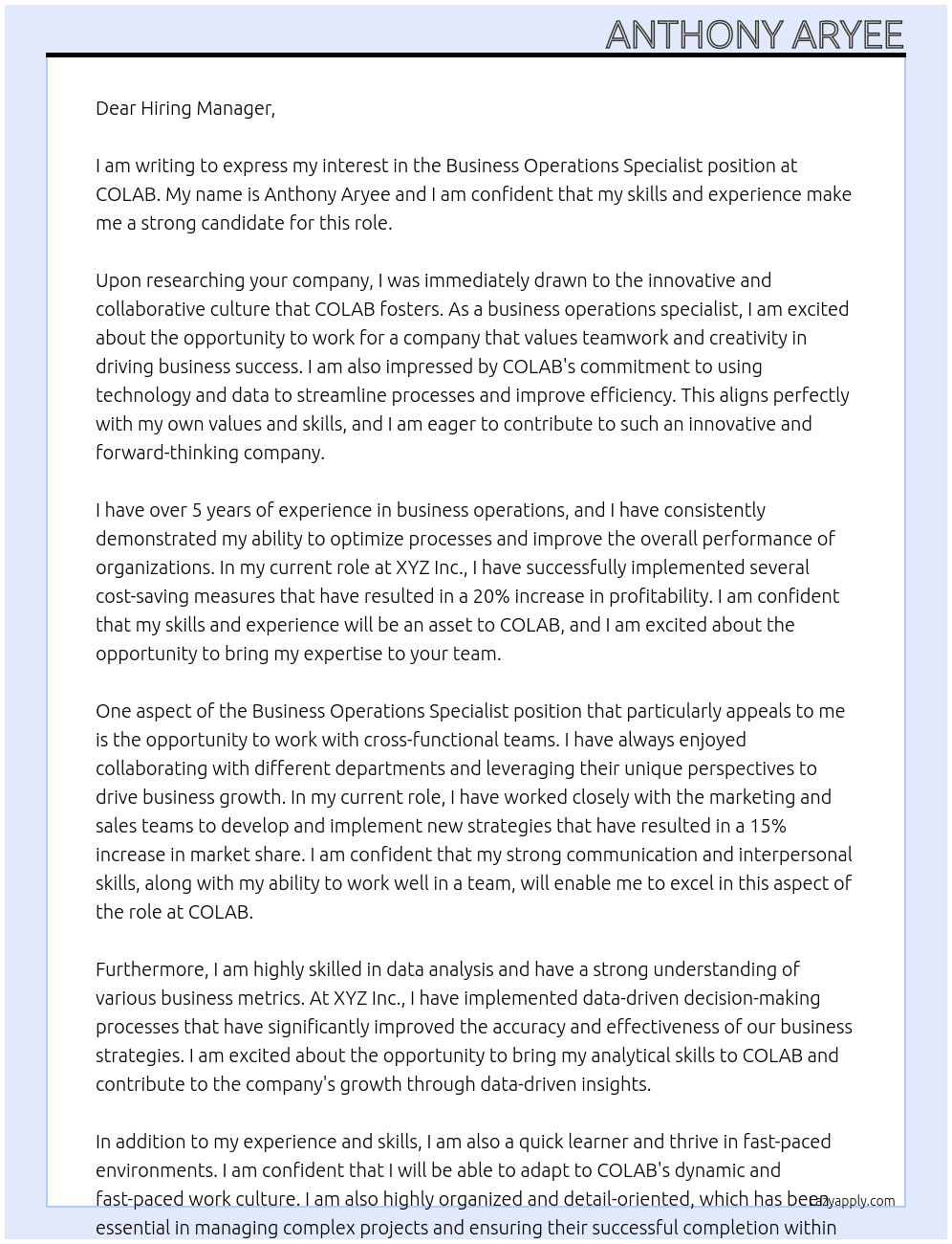 Business Operations specialist At COLAB Cover Letter