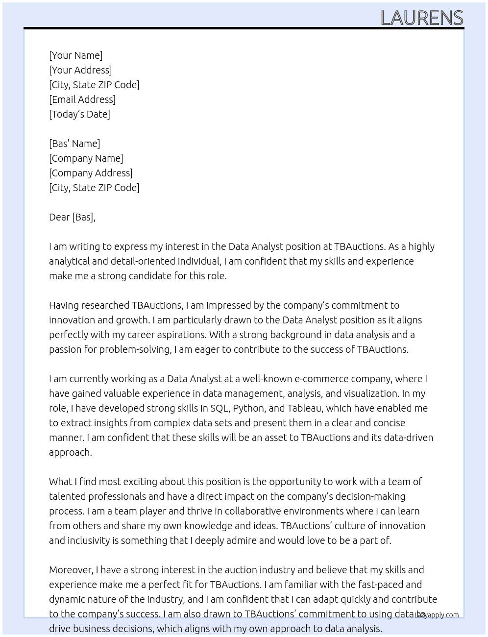 Data Analyst At TBAuctions Cover Letter