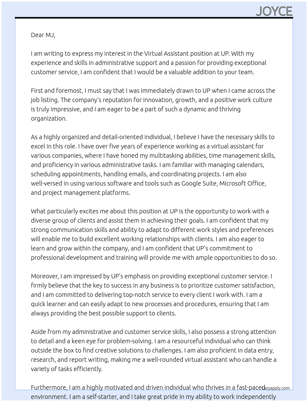 Virtual Assistant At UP Cover Letter