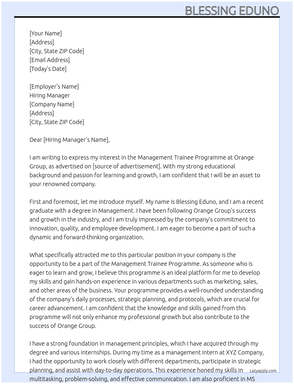 Management trainee programme At Orange Group Cover Letter