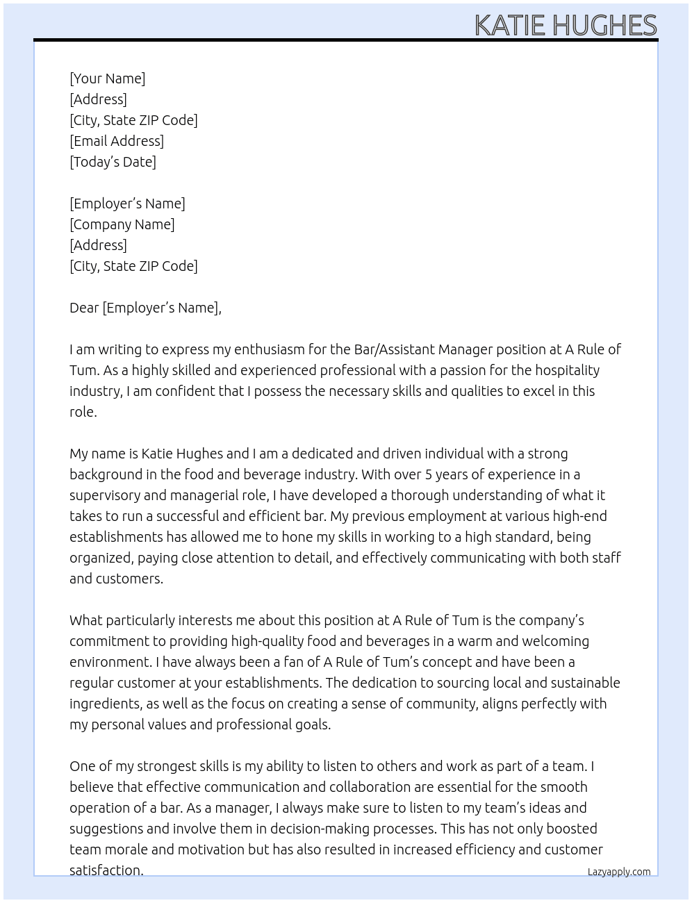 Bar/Assistant Manager  At A Rule of Tum Cover Letter