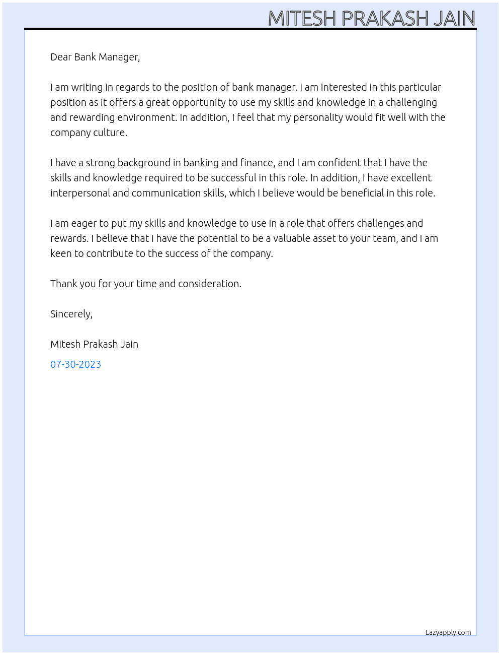 Bank manager  At Sales Executive  Cover Letter