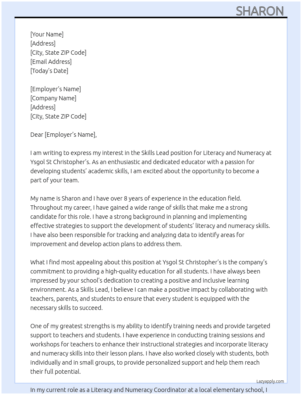 Skills lead - literacy and numeracy  At Ysgol St Christopher’s Cover Letter