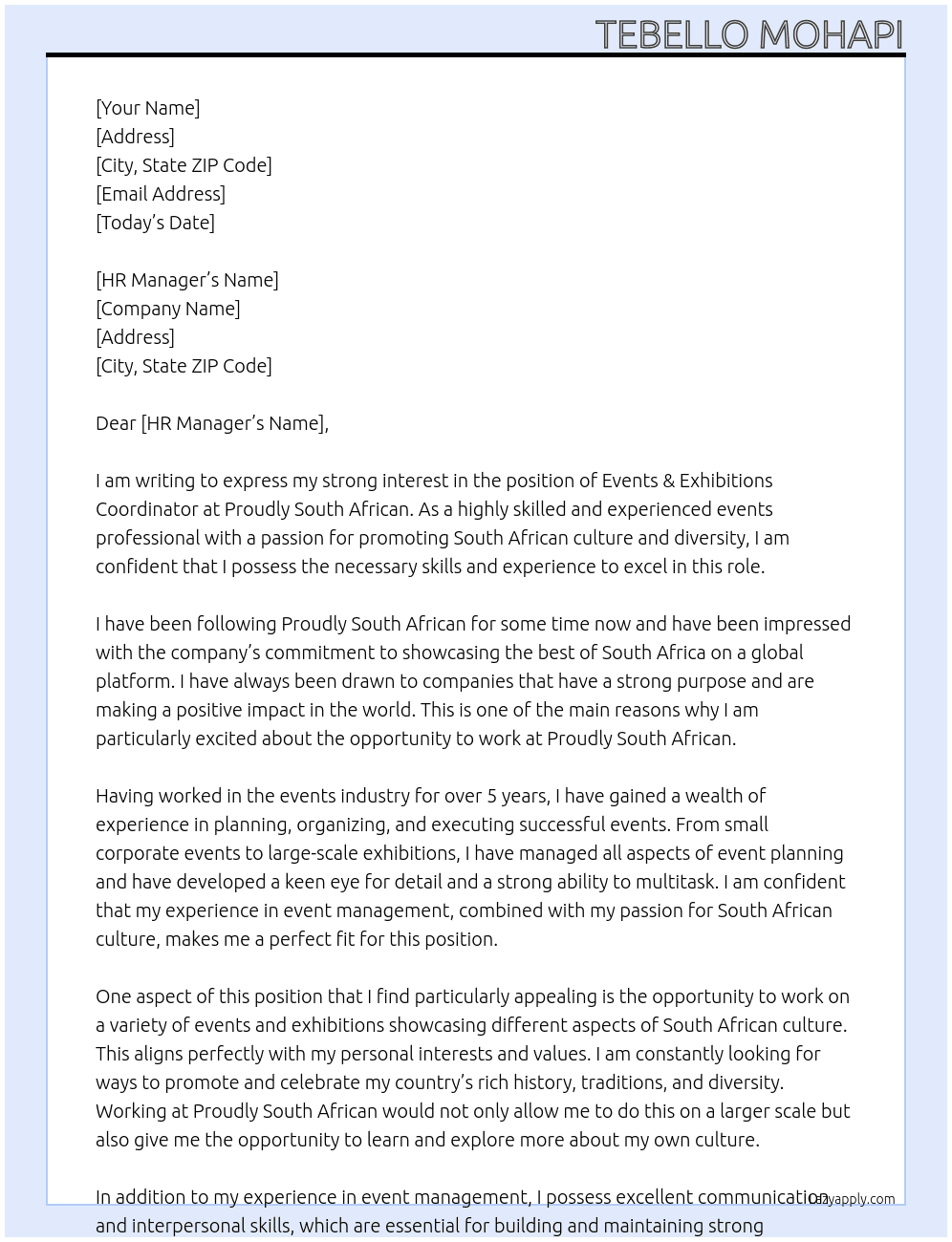 Events & Exhibitions Coordinator At Proudly South African  Cover Letter