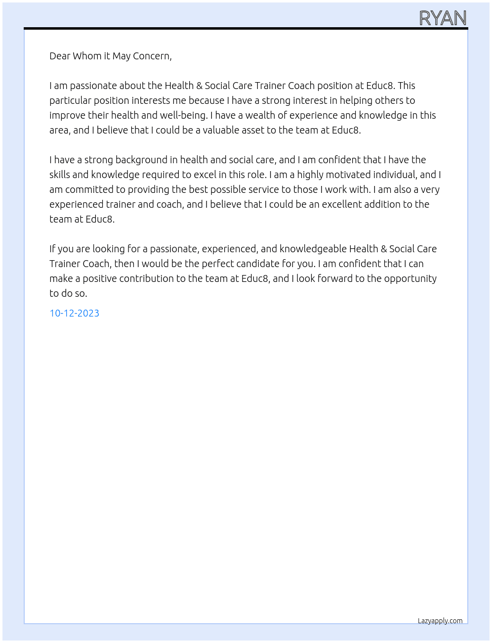 Health & Social Care Trainer Coach At Educ8 Cover Letter