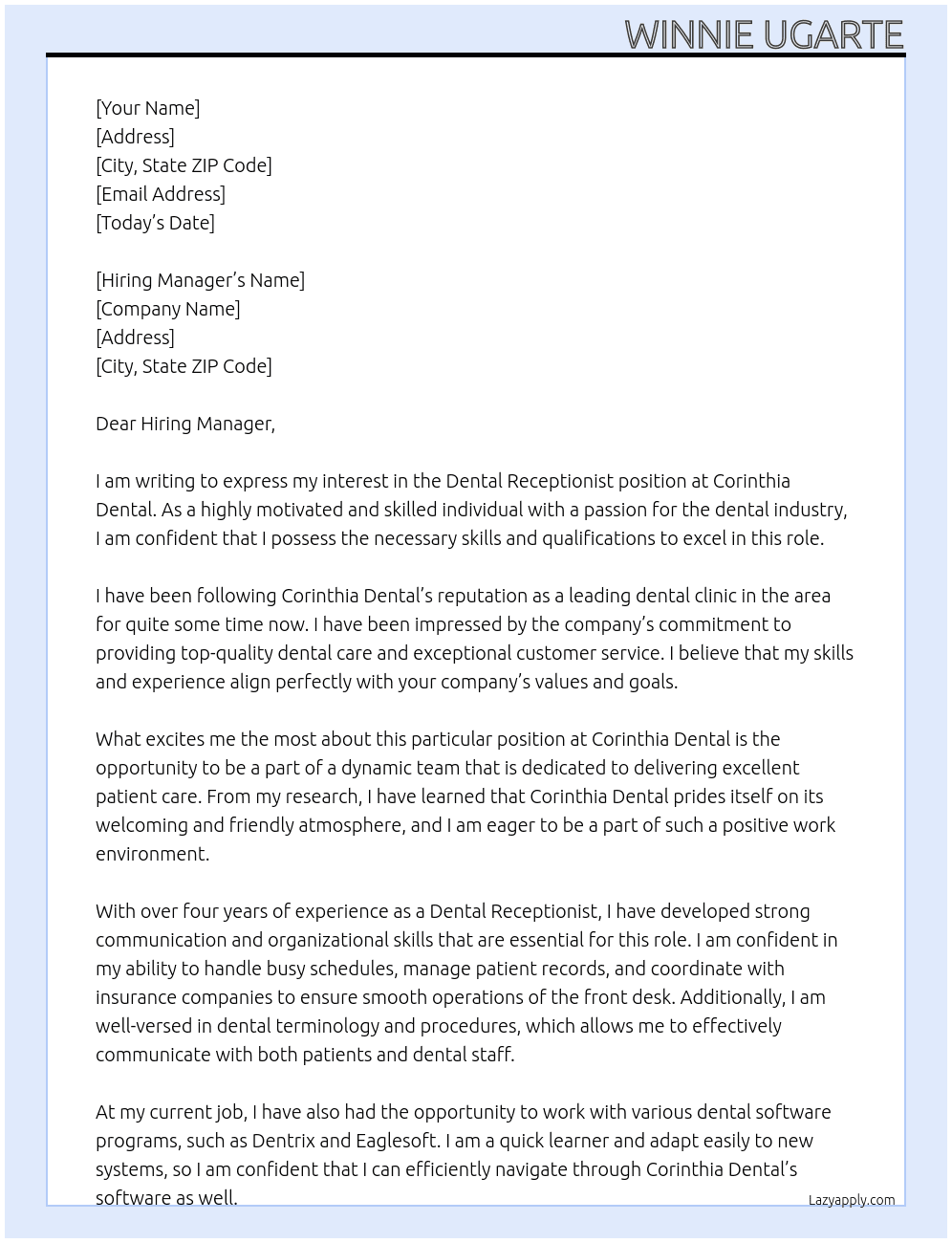 Dental Receptionist At Corinthia Dental  Cover Letter