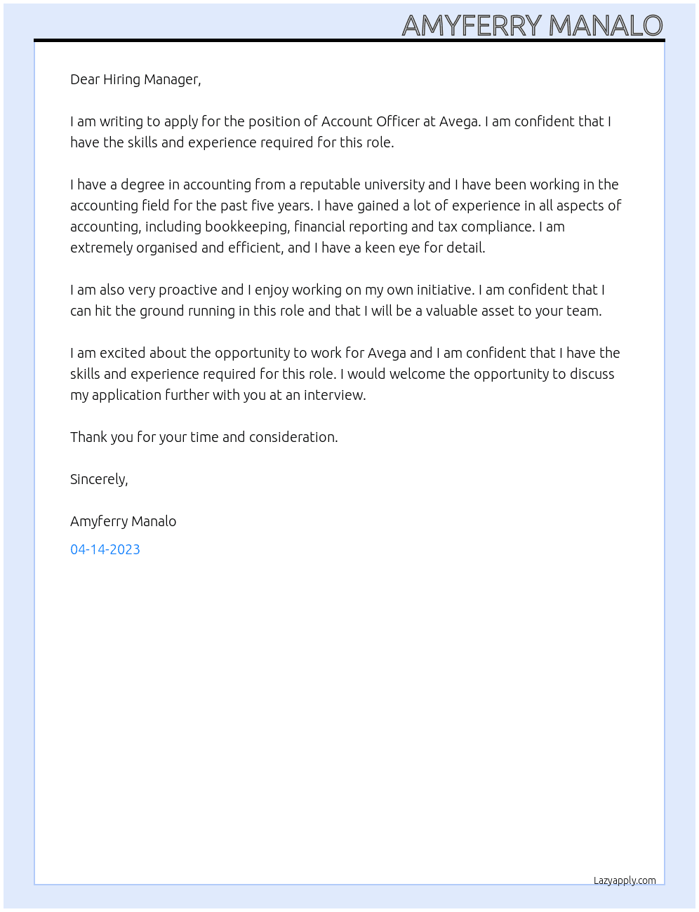 Account officer At Avega Cover Letter
