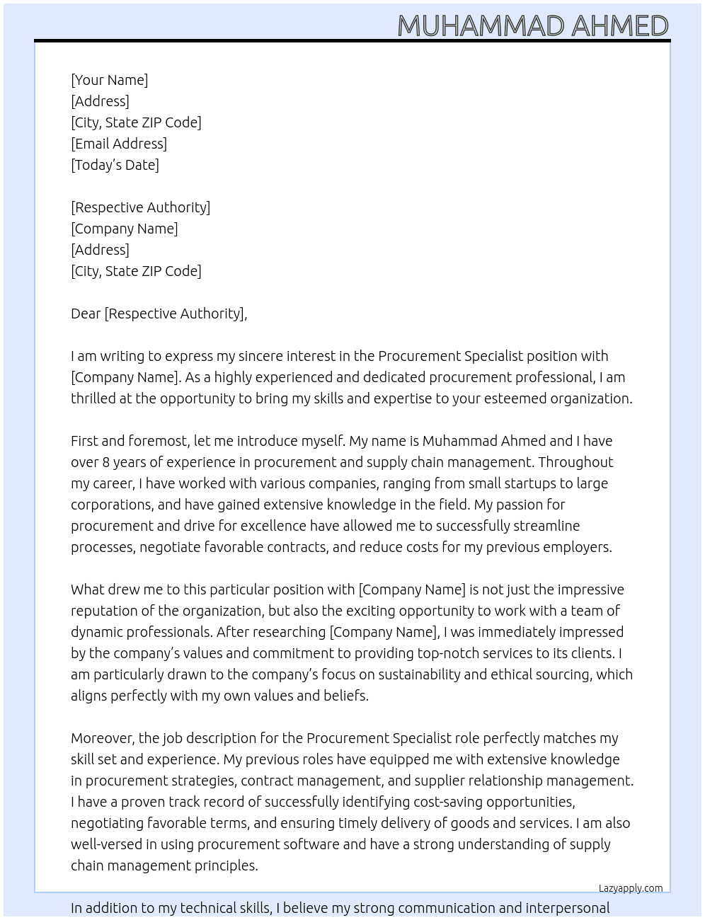 PROCUREMENT SPECIALIST At TO CONCERNED AUTHORITY Cover Letter