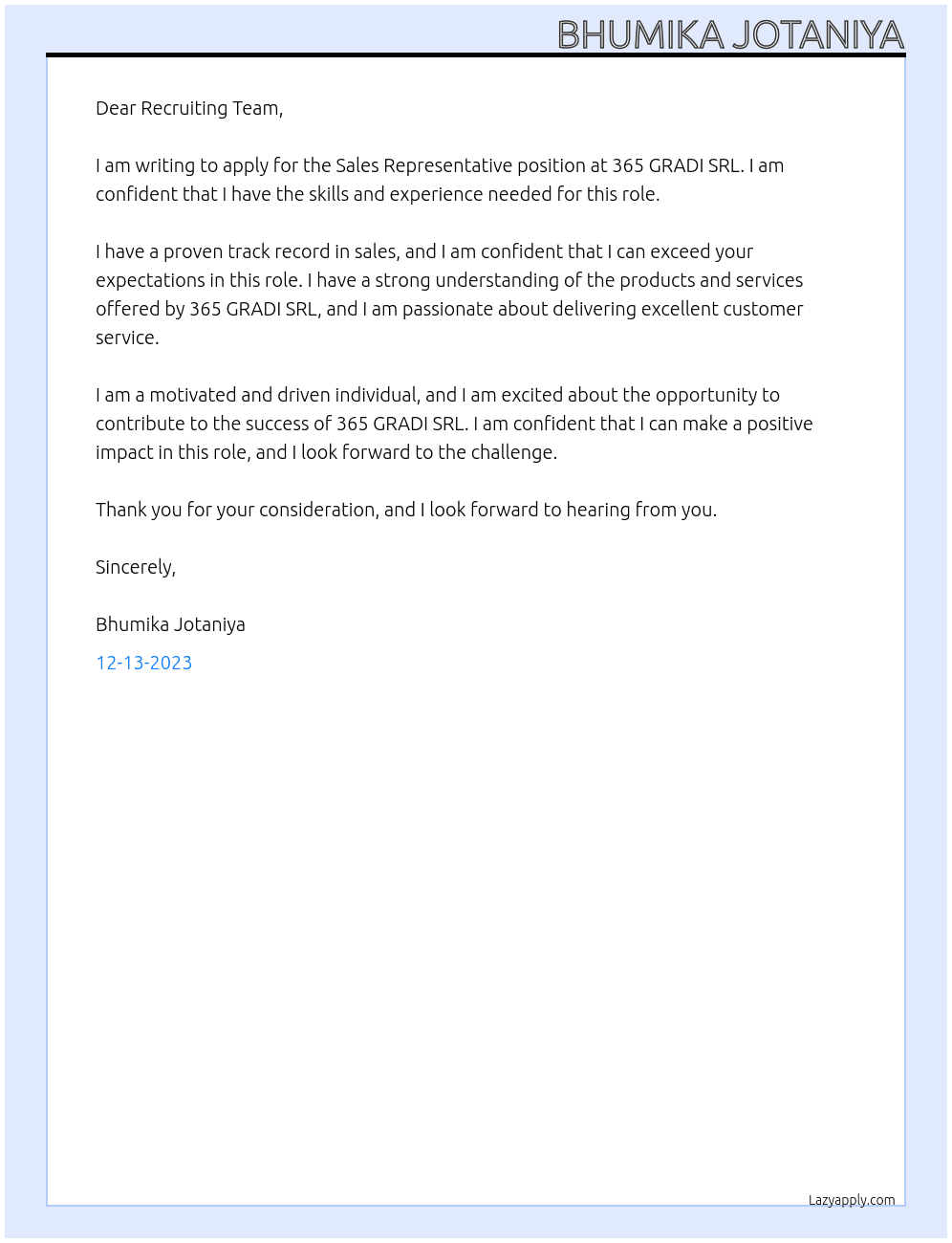 Sales Representative At 365 GRADI SRL Cover Letter