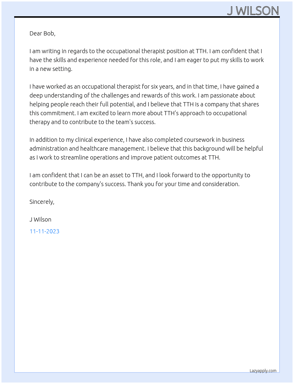 occupational therapist At TTH Cover Letter