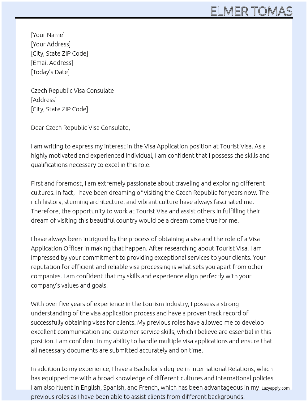 Visa Application At Tourist Visa Cover Letter
