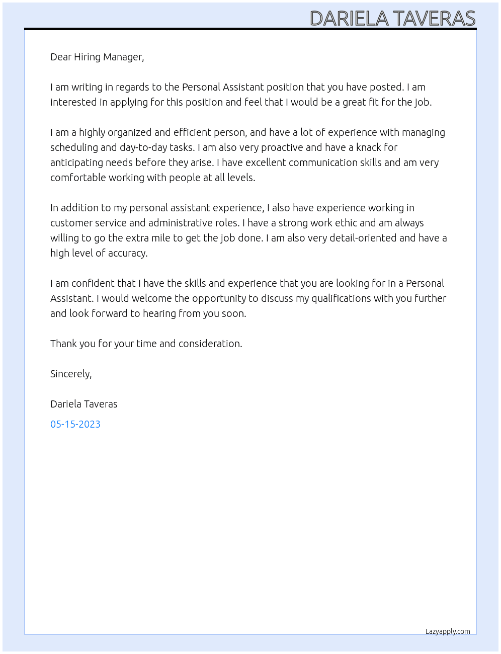 Personal Assistant At Private Family Cover Letter
