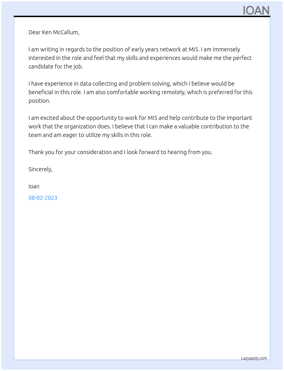 early years network At MI5 Cover Letter