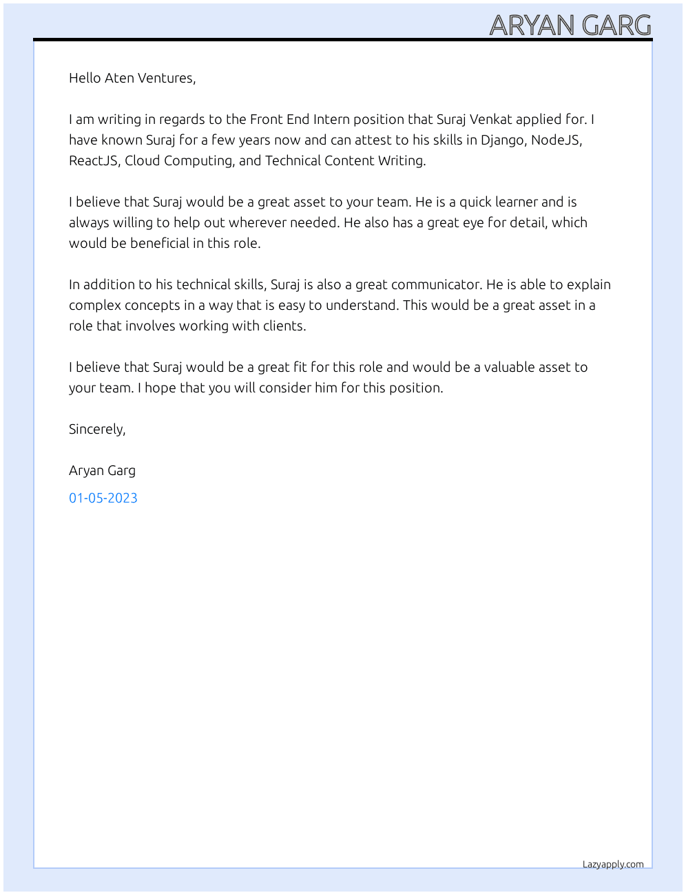 Front End Intern At Aten Ventures Cover Letter