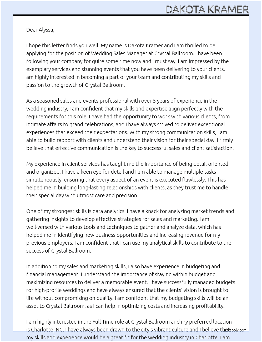 Wedding Sales Manager At Crystal Ballroom Cover Letter