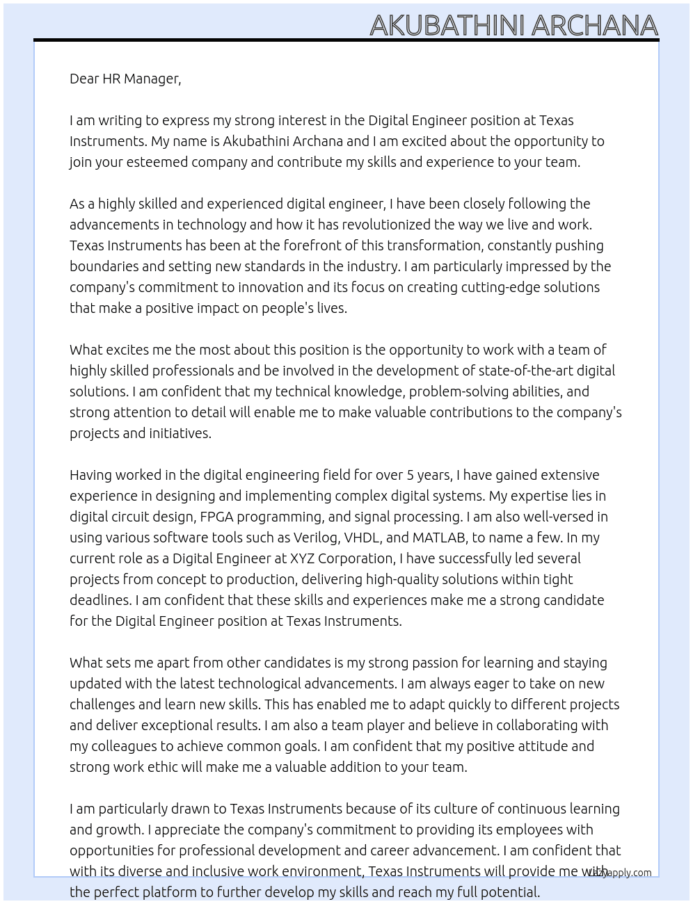 DIGITAL ENGINEER At TEXAS INSTRUMENTS Cover Letter