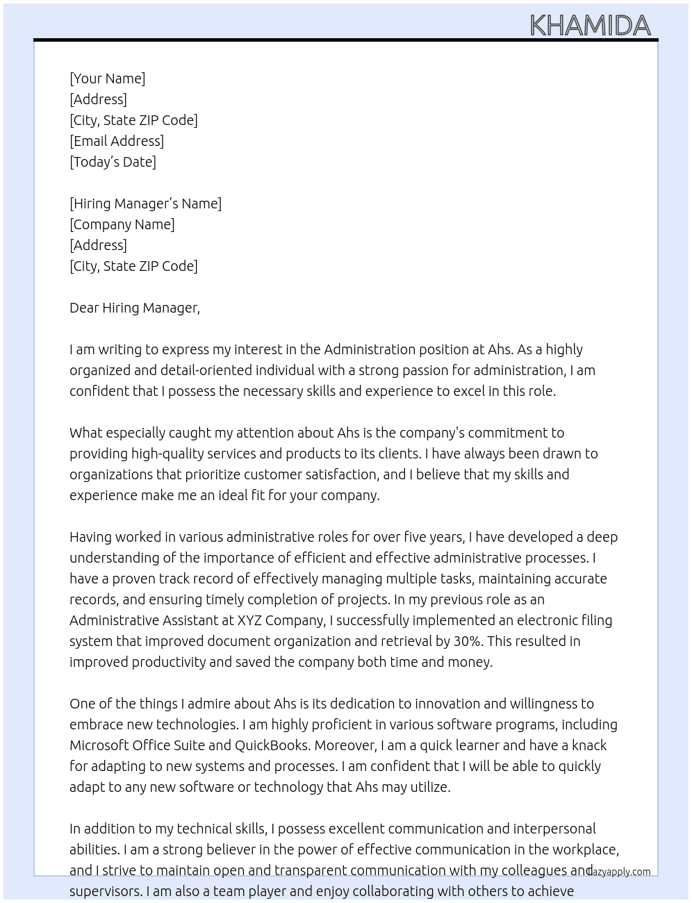 Administration  At Ahs Cover Letter
