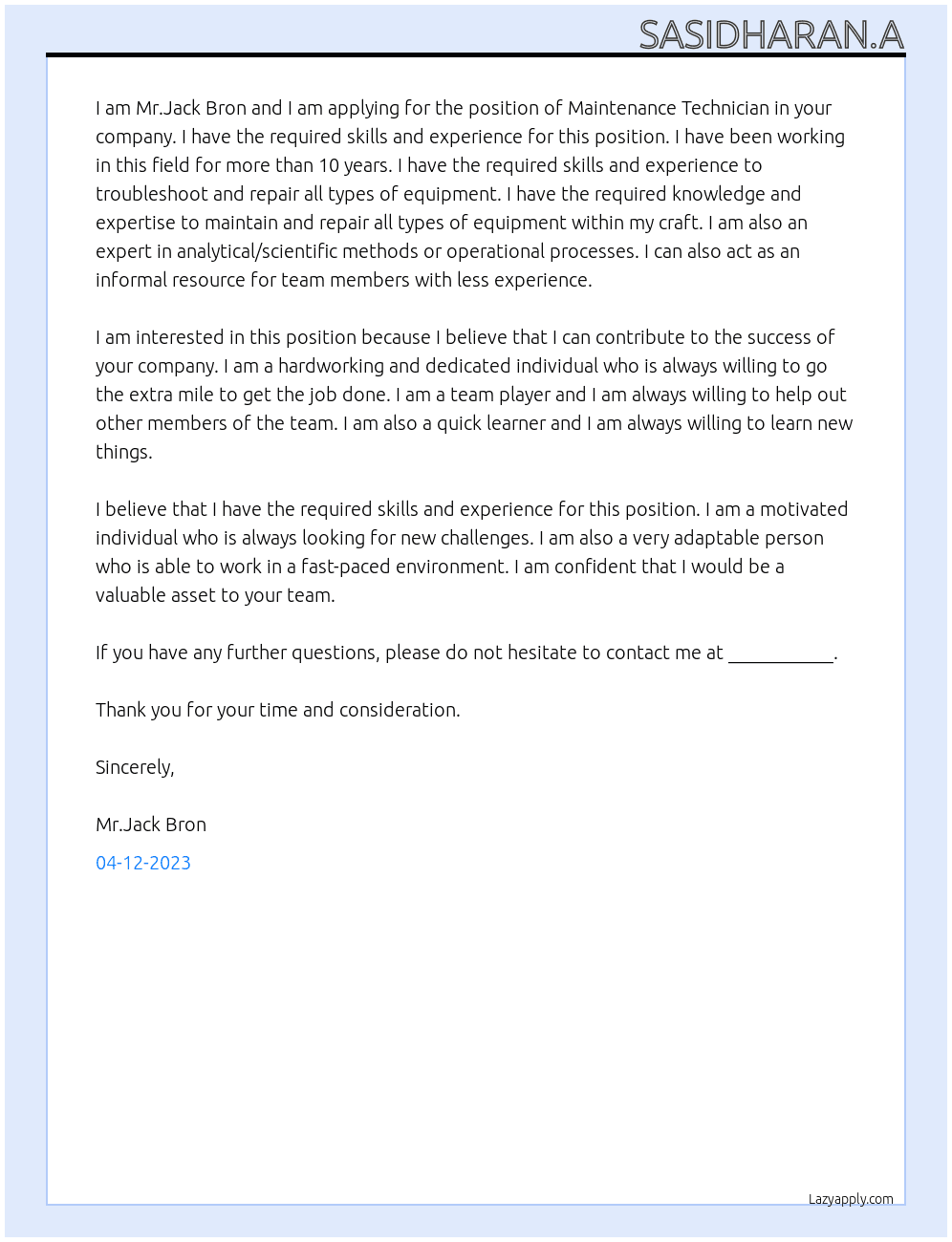 Maintenance Technician At client in Zeeland Cover Letter