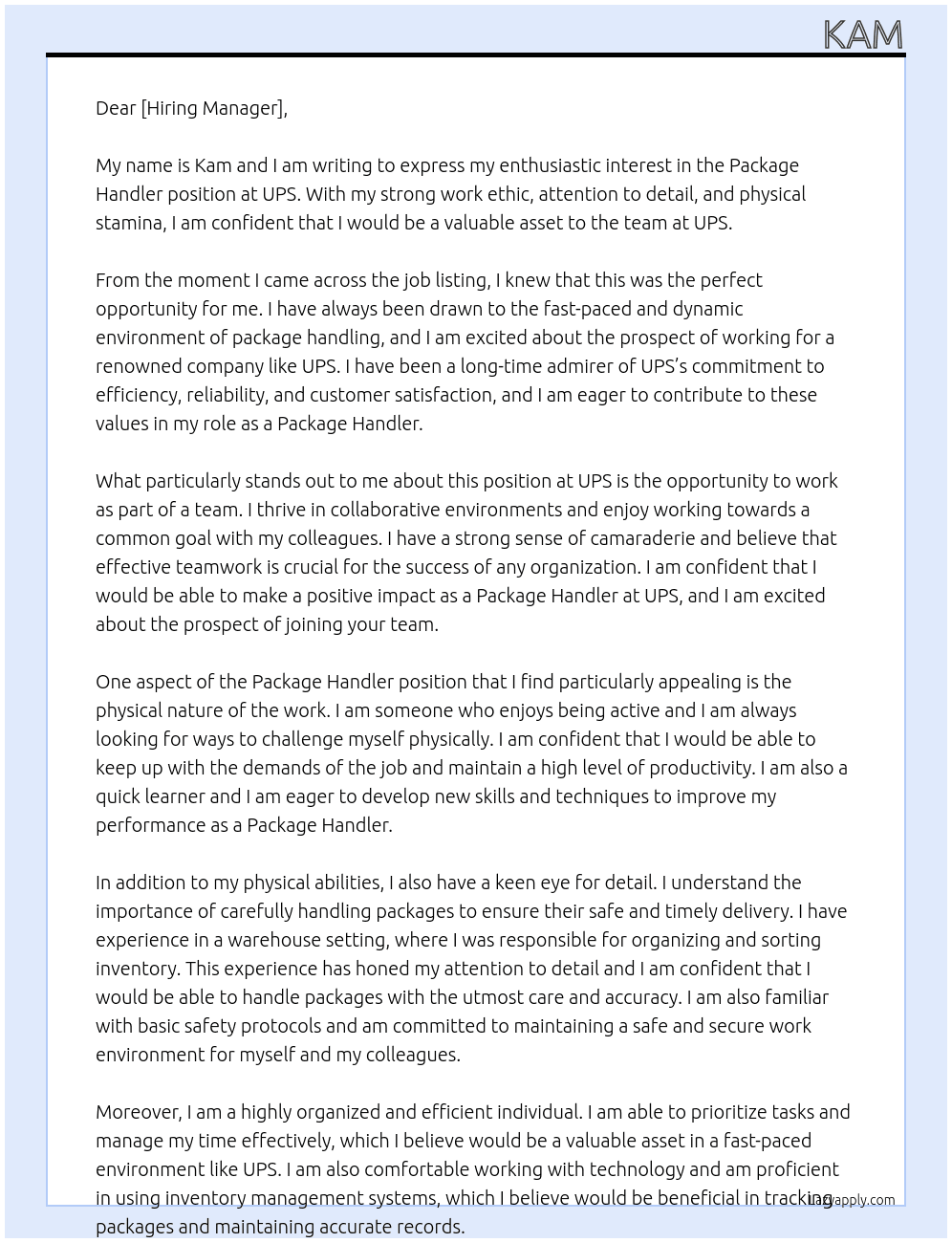 Package Handler At UPS Cover Letter