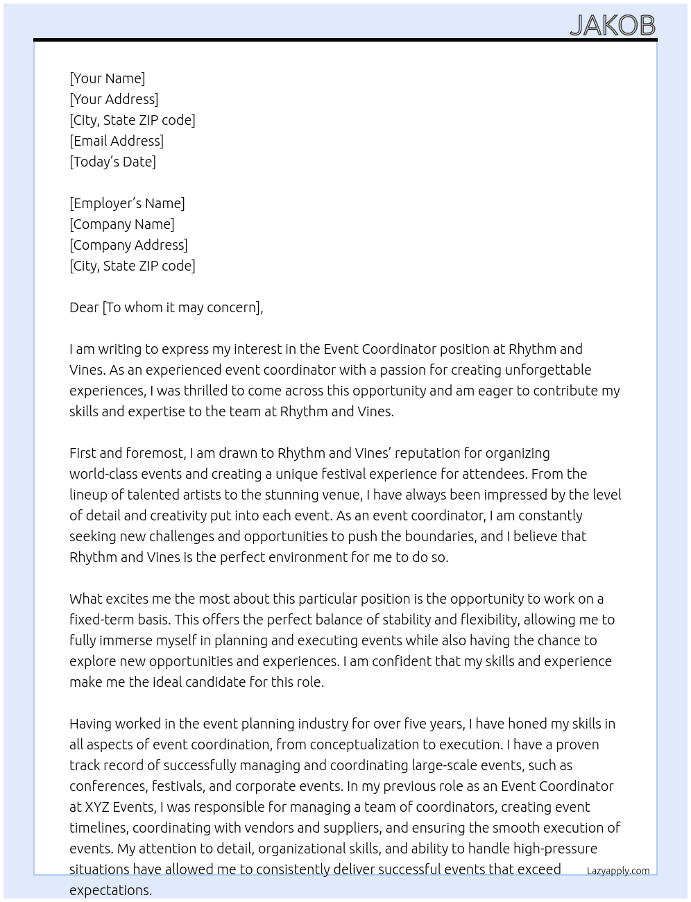 Event Coordinator At Rhythm and Vines Cover Letter