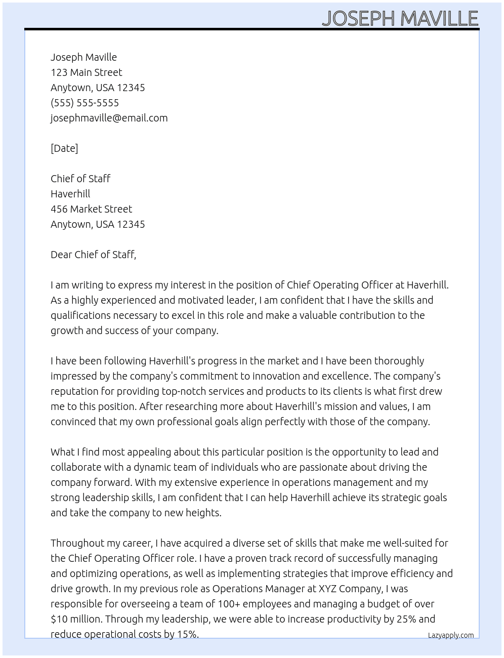 Chief Operating Officer At Haverhill Cover Letter