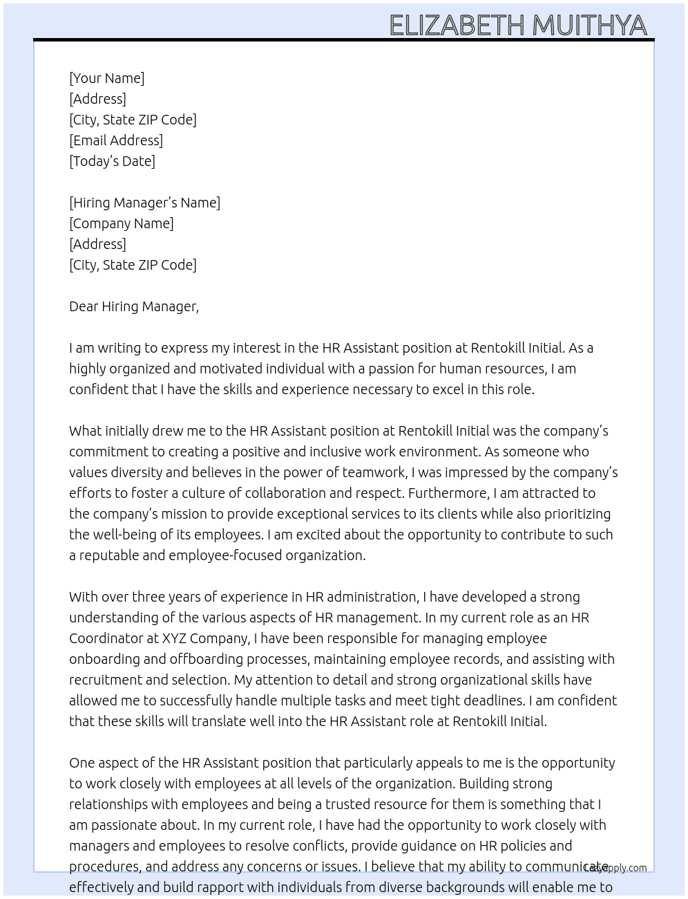 Hr Assistant  At Rentokill initial  Cover Letter