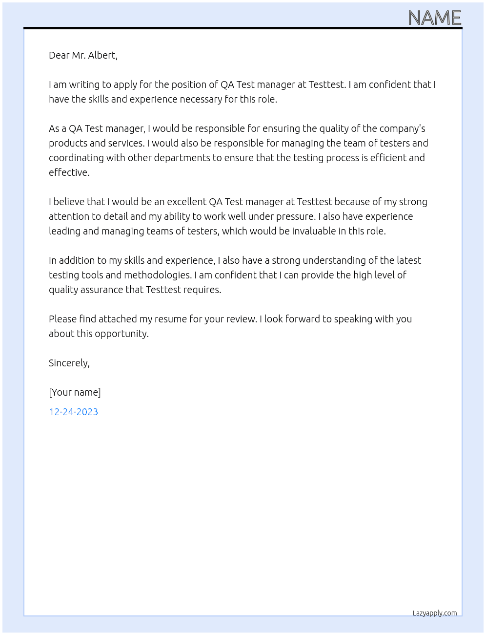 QA Test manager At Testtest Cover Letter
