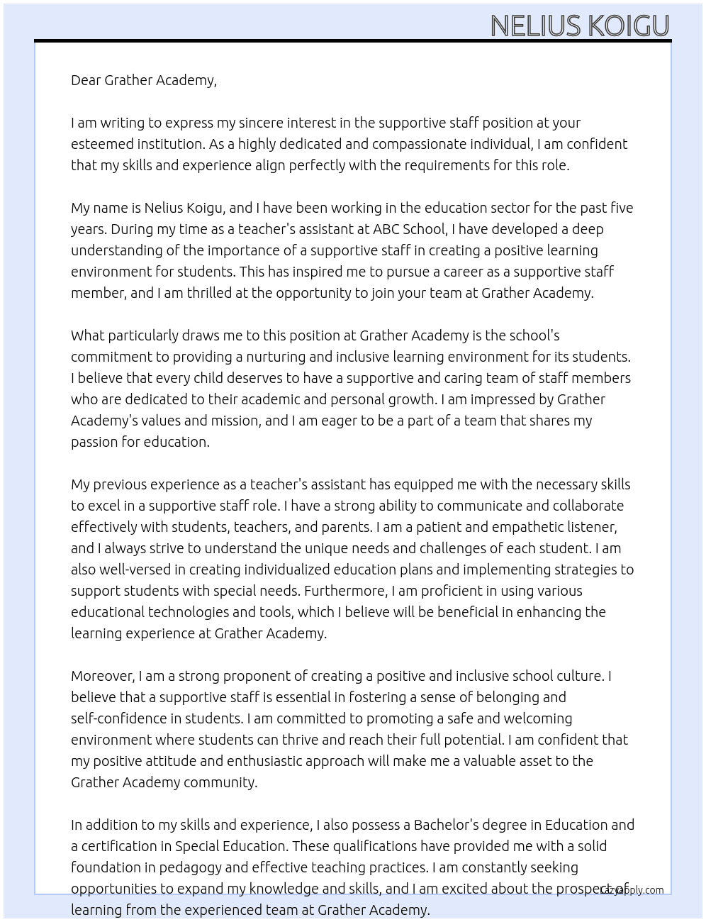 supportive staff At nelius koigu Cover Letter