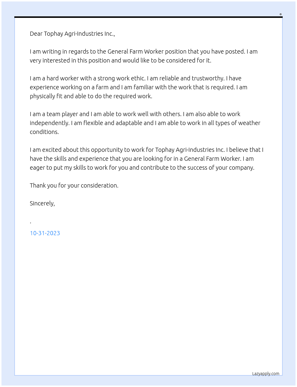 General Farm Worker At Tophay Agri-Industries Inc Cover Letter
