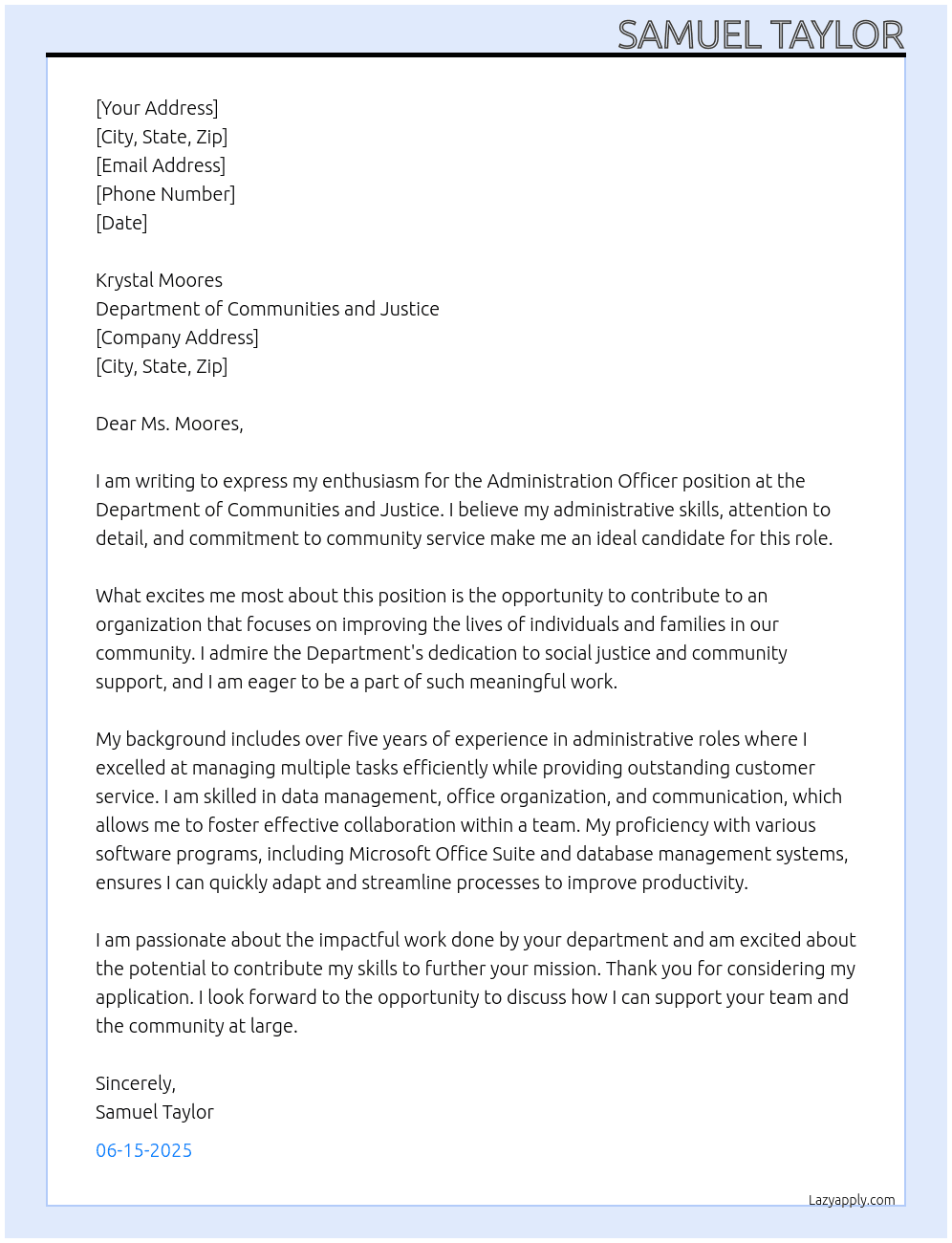 Administration officer At Department of Communities and Justice  Cover Letter
