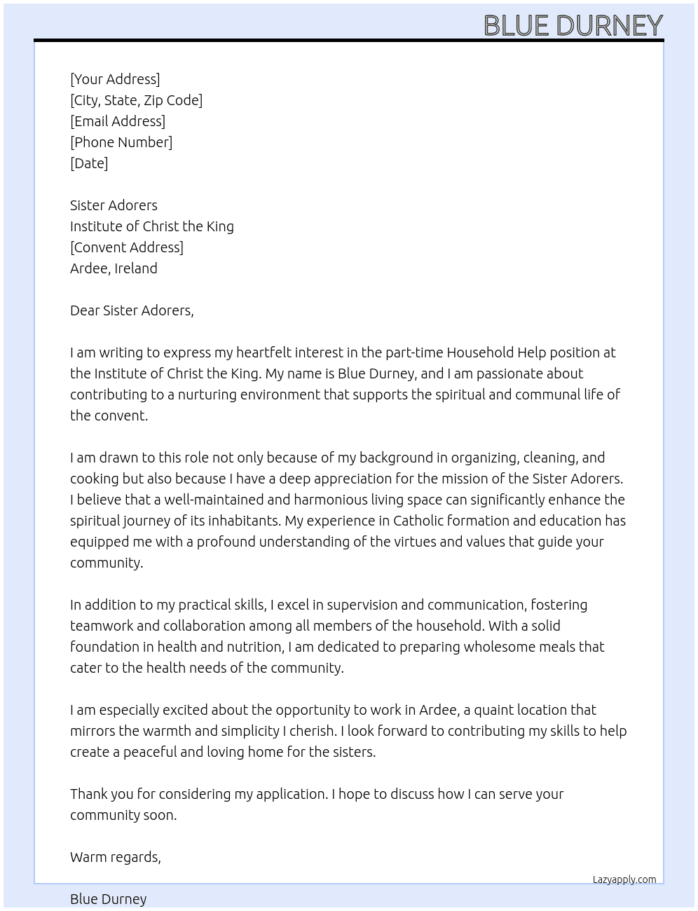 Cover letter for household help in catholic convent of nuns - LazyApply